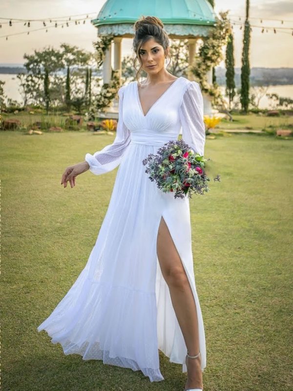 Vestido noiva minimalista, manga, tule com transparência