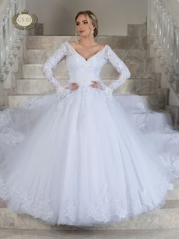 Vestido noiva decote v, manga com detalhe bordada e saia rodada