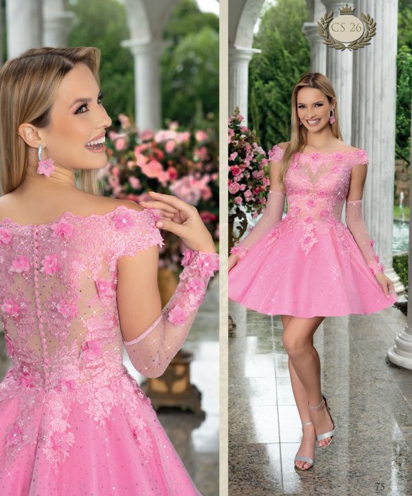 Vestido debutante rosa dois em um com aplicação de flores
